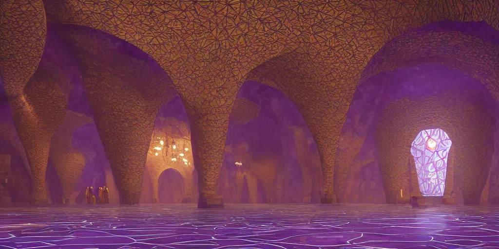Prompt: a huge underground cavern with vast pillars, a tiled art nouveau floor, with a pedestal in the centre containing a massive faceted purple jewel surrounded by tendrils of magic shadow floating above, by james gurney, john howe, octane render