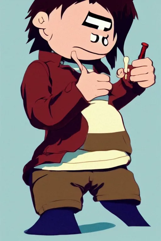 Image similar to Full body portrait of a short!, overweight!! teenage boy, medium length brown hair and fringe, eyes half closed, mouth open, not intelligent, standing in road, cartoon by Jamie Hewlett, cel shaded, gorillaz, Trending artstation, deviantart, digital art