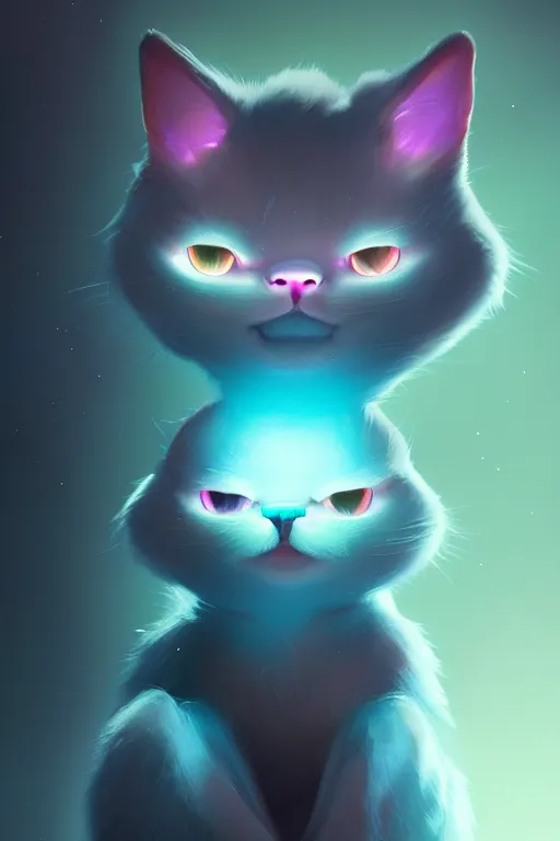 Image similar to Bioluminescent Cat character concept, soft light, soft mood, realistic body features and face, illustration, painting oil on canvas by Elena Zhurikhina and Goro Fujita and Charlie Bowater, octane render trending on artstation, 4k, 8k, HD