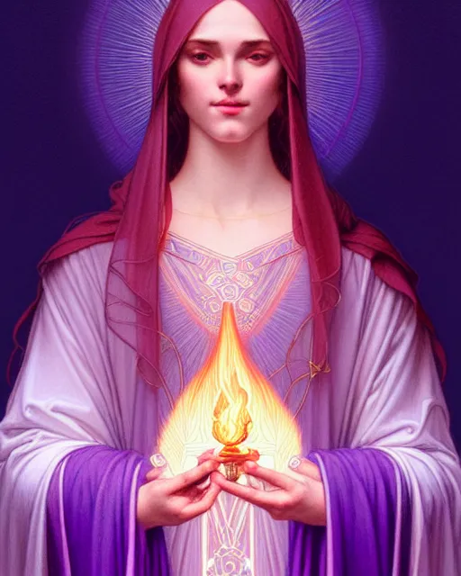 Image similar to symmetry portrait of saint germain holding a violet colored flame, intricate, elegant, highly detailed, digital painting, artstation, concept art, smooth, sharp focus, illustration, art by artgerm and greg rutkowski and fra angelico and alphons mucha