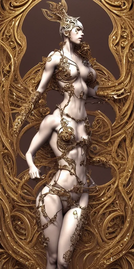 Image similar to a photo of a female in wearable sculpture art, ornate, metal works, intricate details, elegant, highly detailed, digital photography, artstation, glamor pose, concept art, smooth, sharp focus, art by artgerm and greg rutkowski, 3 d character, whole body, full body, film, photorealistic, unreal engine