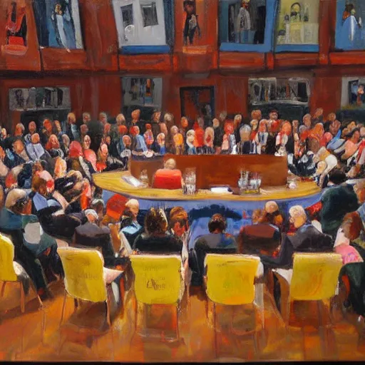 Prompt: prime minister's question time, by michael armitage, painting