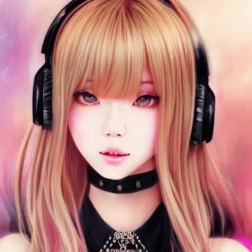 Image similar to realistic beautiful gorgeous natural cute Blackpink Lalisa Manoban blonde hair cute fur blonde cat ears, wearing camisole, wearing headphones, wearing black leather choker artwork drawn full HD 4K highest quality in artstyle by professional artists WLOP, Taejune Kim, Guweiz on Artstation Pixiv