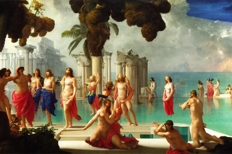 Image similar to Palace floating in heaven, 1km tall, thunderstorm, greek pool, beach and tropical vegetation, major arcana sky, people dancing by paul delaroche, hyperrealistic 4k uhd, award-winning very detailed, heaven paradise