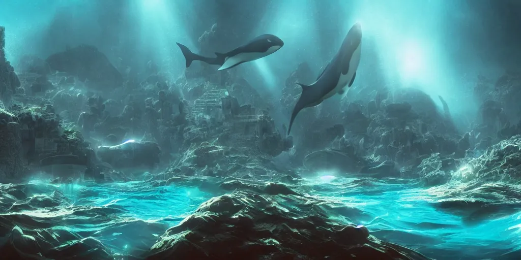 Prompt: civilization underwater created by orcas, submerged city made with coral and rock by killer whales, epic fantasy sci fi illustration concept art bloom post process lens flare chromatic aberration vignette volumetric fog screen space ambient occlusion screen space reflections