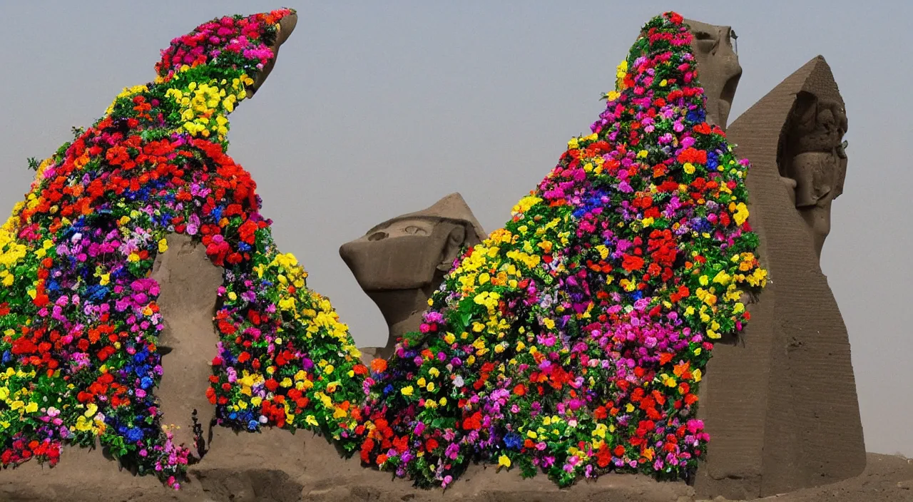 Prompt: egyptian art of a peak made of flowers and rubber