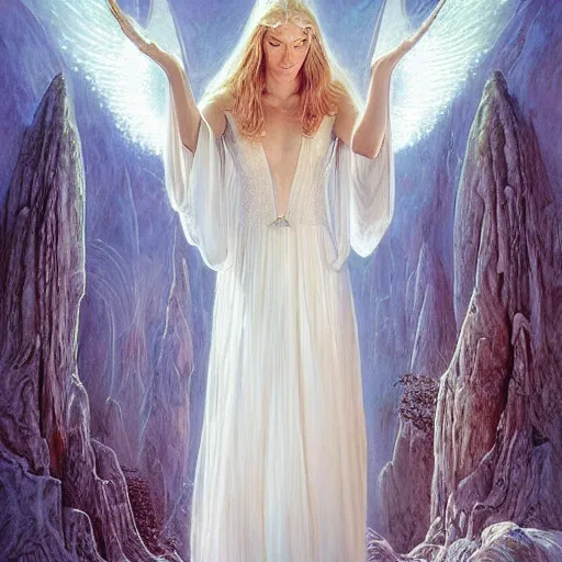 Prompt: ethereal majestic beauty white dress lady Galadriel the elven seer by Mark Brooks, Donato Giancola, Victor Nizovtsev, Scarlett Hooft, Graafland, Chris Moore