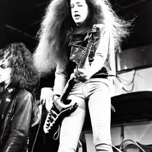 Prompt: 19-year-old girl wearing black leather jacket and denim jeans, shaggy wavy red hair, holding electric guitar, 1973 concert photo