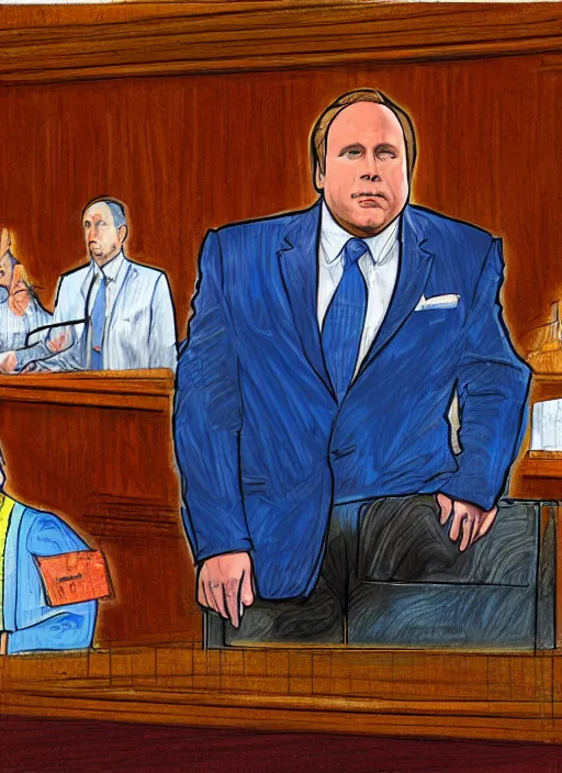 Image similar to old alex jones on the stand in court by lisa frank