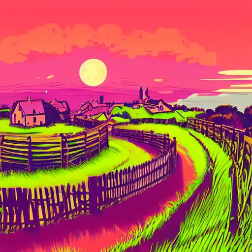 Prompt: curved perspective digital art of a typical english village from midsummer murders from petros afshar, 1 5 ° camera angle, synthwave,