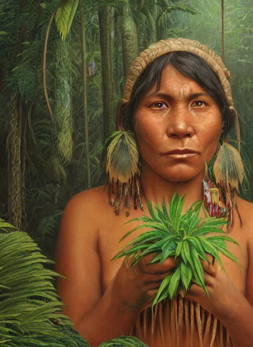 Image similar to a beautiful close up portrait of an indigenous woman preparing plant medicines in the jungle, highly detailed, art by christophe vacher