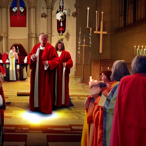 Image similar to octane render by mort kunstler and annie leibovitz and angus mckie, a line of people in colorful tunics receiving holy communion from a monstrous alien creature in a red cardinal robe, 4 d, 4 k, volumetric lighting, ray traced lighting, ultra - detailed