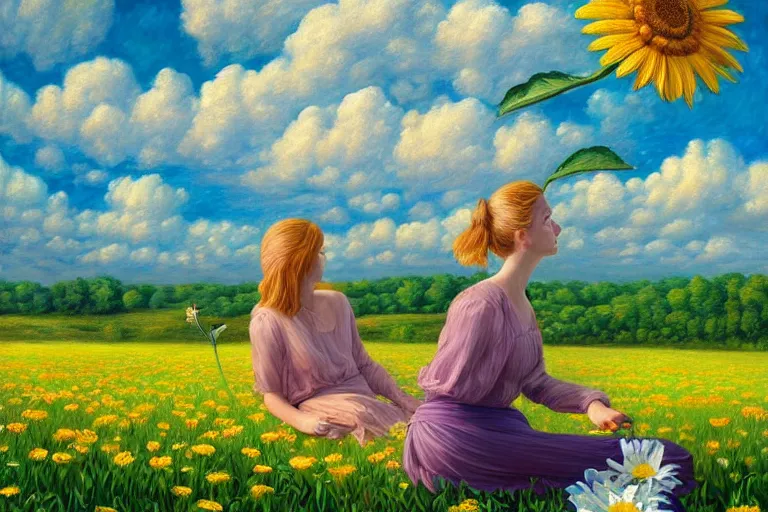 Image similar to giant daisy flower head, woman sitting, surreal, clouds in sky, impressionist painting, digital painting, artstation, rob gonsalves