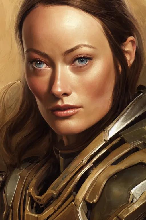 Image similar to a professional painting of a young Olivia Wilde, clothes in military armor, olive skin, long dark hair, beautiful bone structure, symmetrical facial features, intricate, elegant, digital painting, concept art, smooth, sharp focus, illustration, from StarCraft by Ruan Jia and Mandy Jurgens and Artgerm and William-Adolphe Bouguerea