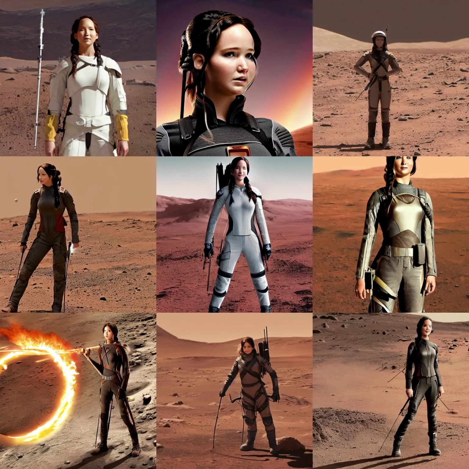 Prompt: Katniss Everdeen, wearing a space suit, on Mars