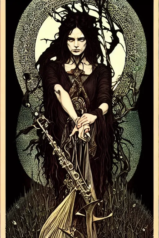 Image similar to dark fantasy, tarot card of the band lankum!!!!!, dark surrealist , fantasy, intricate, elegant, highly detailed, digital painting, artstation, concept art, smooth, sharp focus, illustration, art by Jim Fitzpatrick and greg rutkowski and alphonse mucha