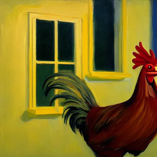 Image similar to a portrait of a robotic rooster wearing a hoodie, a highly detailed edward hopper painting, by adrian ghenie and gerhard richter. art by james gurney. masterpiece, flat surreal design with deep colours. 8 k. artstation