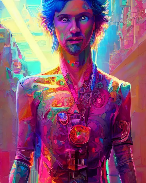 Image similar to colorful portrait of a male hippie with cybernetics, but set in the future 2 1 5 0 | highly detailed | very intricate | symmetrical | professional model | cinematic lighting | award - winning | painted by mandy jurgens | pan futurism, dystopian, bold psychedelic colors, cyberpunk, anime aesthestic | featured on artstation