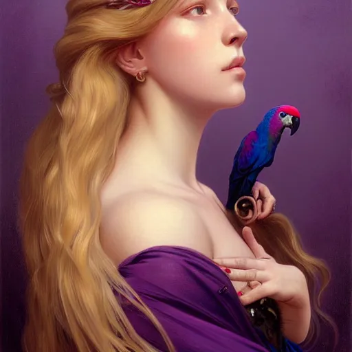 Image similar to portrait of a young blonde girl with a dark purple parrot, upper body, long hair, intricate, elegant, highly detailed, digital painting, artstation, concept art, matte, sharp focus, illustration, art by artgerm and greg rutkowski and alphonse mucha