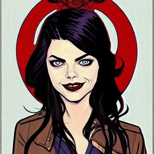 Image similar to pretty female Samara Weaving vampire, Jamie McKelvie comic art, art nouveau, loish, Alphonse Mucha, sharp vampire teeth, sarcastic smile, symmetrical eyes, symmetrical face, brown leather jacket, jeans, long black hair, full body