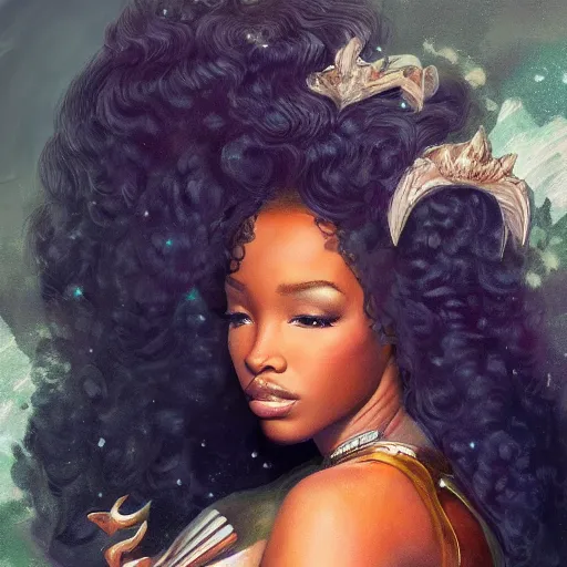 Image similar to sza as a princess of saturn, profile photo, cinematic, intricate, elegant, highly detailed, digital painting, trending on artstation, concept art, smooth, sharp focus, illustration, art by frank frazetta, william mortensen, arny freytag