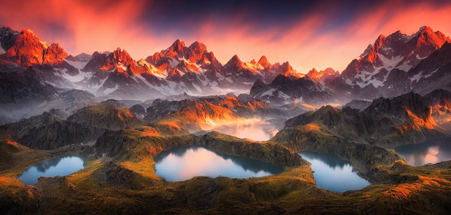 Image similar to amazing landscape photo of mountains with lake in sunset by marc adamus, beautiful dramatic lighting