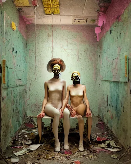 Prompt: Two skinny figures, wearing gas masks connected to their hearts, draped in silky gold, green and pink, inside an abandoned hospital room, they sit next to a small door where the world is on fire, loss in despair, transhumanist speculative evolution, depth of field, part by James Jean. part by Kati Heck, Esao Andrews, Jenny Saville, Edward Hopper, surrealism, dark art by Beksinski, Yamamoto