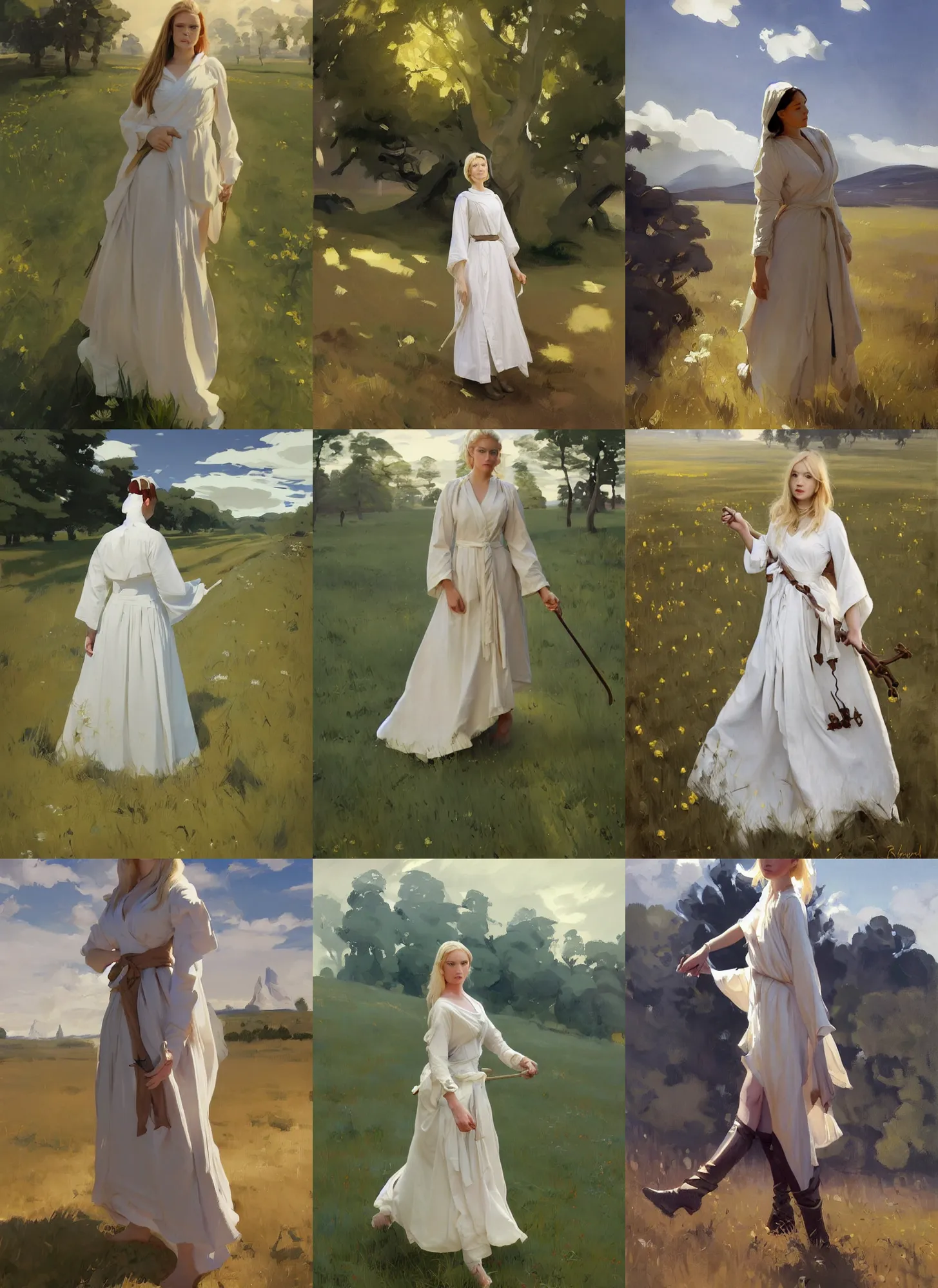 Prompt: finnish norway scandinavian attractive maiden wearing robe de cour walking in the field, jodhpurs greg manchess painting by sargent and leyendecker, studio ghibli, fantasy, medium shot, asymmetrical, intricate, elegant, matte painting, illustration, hearthstone, by greg rutkowski, by greg tocchini, by james gilleard, by joe fenton