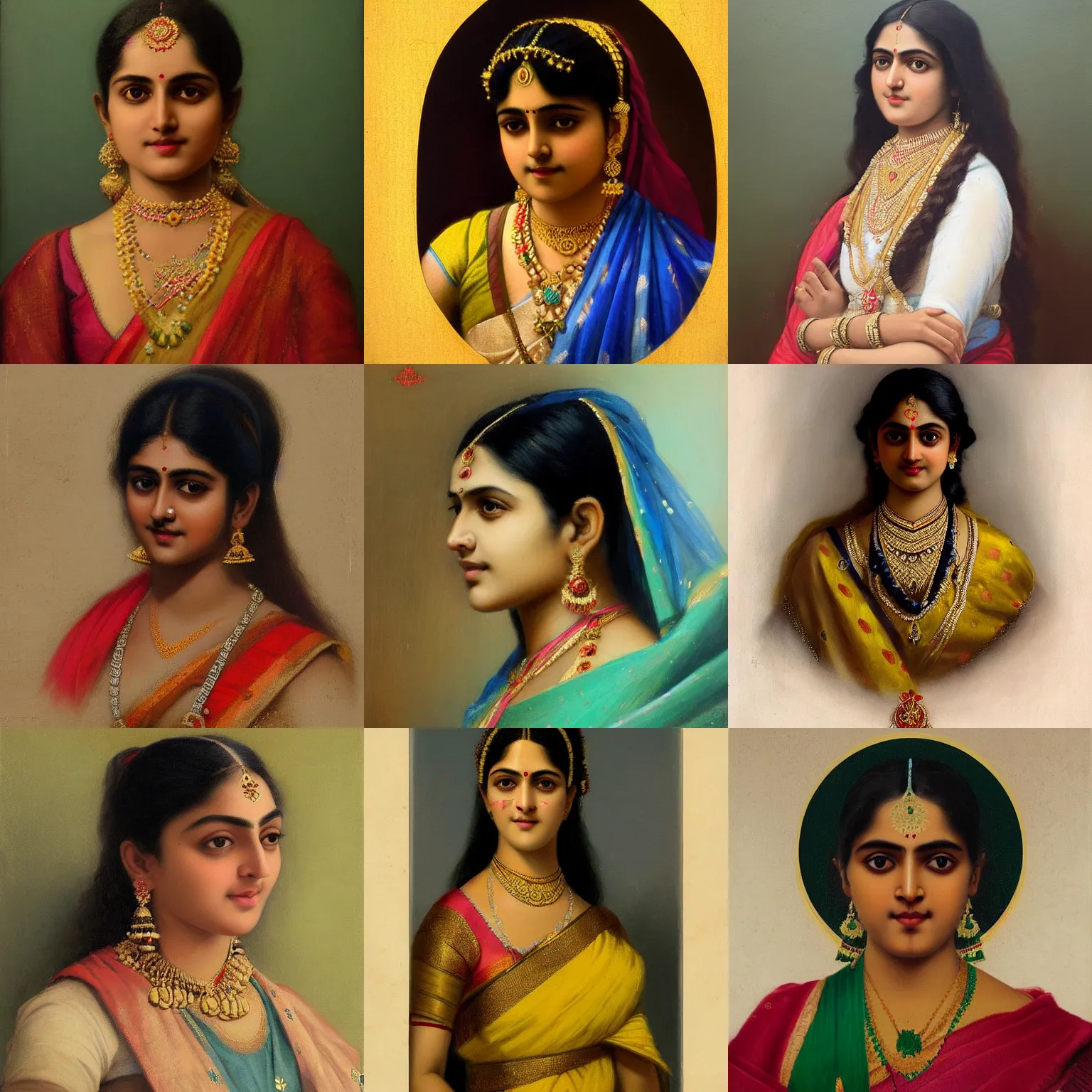 Prompt: a beautiful portrait by raja ravi varma, trending on artstation,