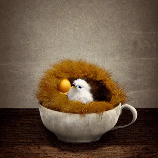 Image similar to long shot of a cute fluffy furry chick nesting in a antique coffee cup, by esao andrews, by m. w. kaluta, humorous illustration, hyperrealistic, tilt shift, warm colors, night scenery, low light, 3 d octane render, 4 k, volumetric lights, smooth, cosy atmosphere, conceptart, hyperdetailed, trending on deviantart