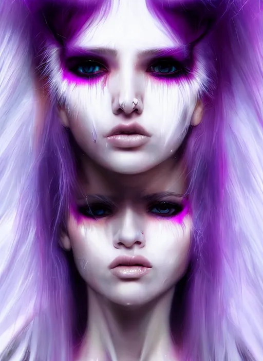 Image similar to hair whitebangs hair, black cyberlox, portrait of normal teenage girl, white bangs, messy bangs, fluffy bangs, cyberlox, whitebangs, red contact lenses, purple background, intricate, elegant, highly detailed, digital painting, artstation, concept art, sharp focus, smooth, illustration, art by wlop, mars ravelo and greg rutkowski