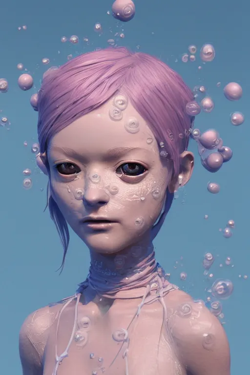 Image similar to an epic non - binary model, subject made of white mesh rope, with cerulean oozing bubbles bursting out, delicate, beautiful, intricate, with pastel pink highlights, melting, houdini sidefx, by jeremy mann and ilya kuvshinov, jamie hewlett and ayami kojima, trending on artstation, bold 3 d