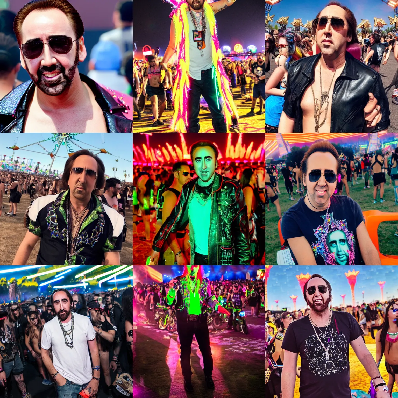 Prompt: young Nicolas Cage attends EDC Las Vegas, neon, Copyright National Geographic 2021