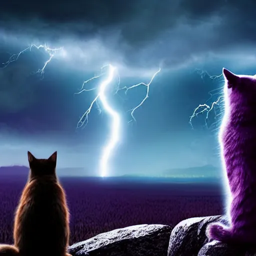 Prompt: a cat is sitting on a rock and looks at a total fallout city, while it is radioactive raining and a wild ghoul is coming nearby, there is a lightning which is deep purple, the cat has high details and can only be seen from the back