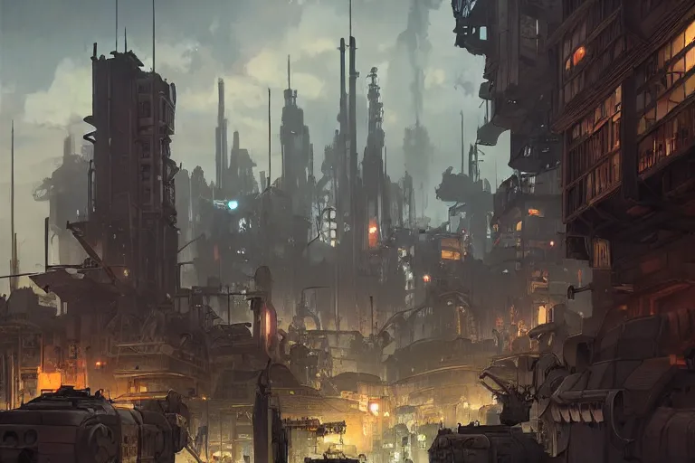 Image similar to concept art of an orcish dieselpunk city during wartime, key visual, ambient lighting, highly detailed, digital painting, artstation, concept art, sharp focus, by makoto shinkai and akihiko yoshida and hidari and wlop