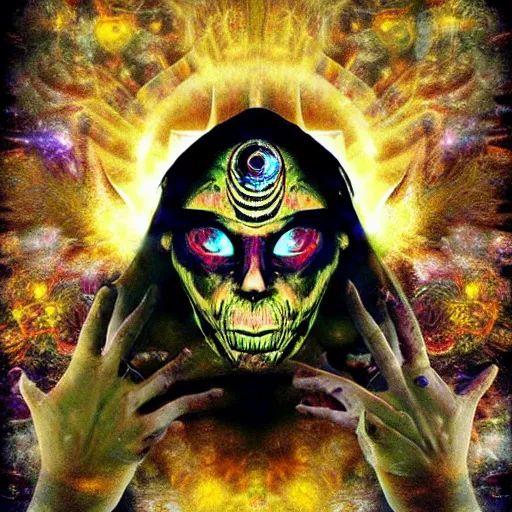 Prompt: third eye biomechanoid time traveller shaman in trance, wallace of a gigantic temple, witchcraft brujos surrounding time machine energy portal, brain to brain abducted shamans hanging through ceiling