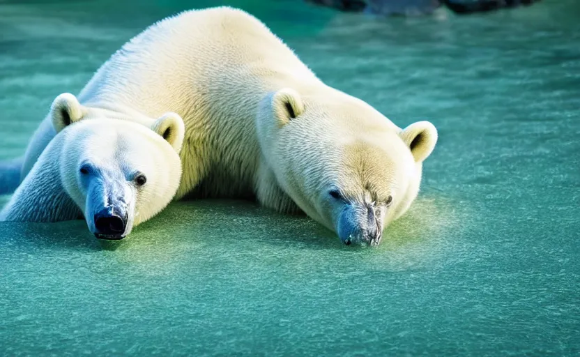 Image similar to gruesome polar bear, beautiful green liquid, green oozing pool pit, cinematic lighting, various refining methods, micro macro autofocus, ultra definition, award winning photo