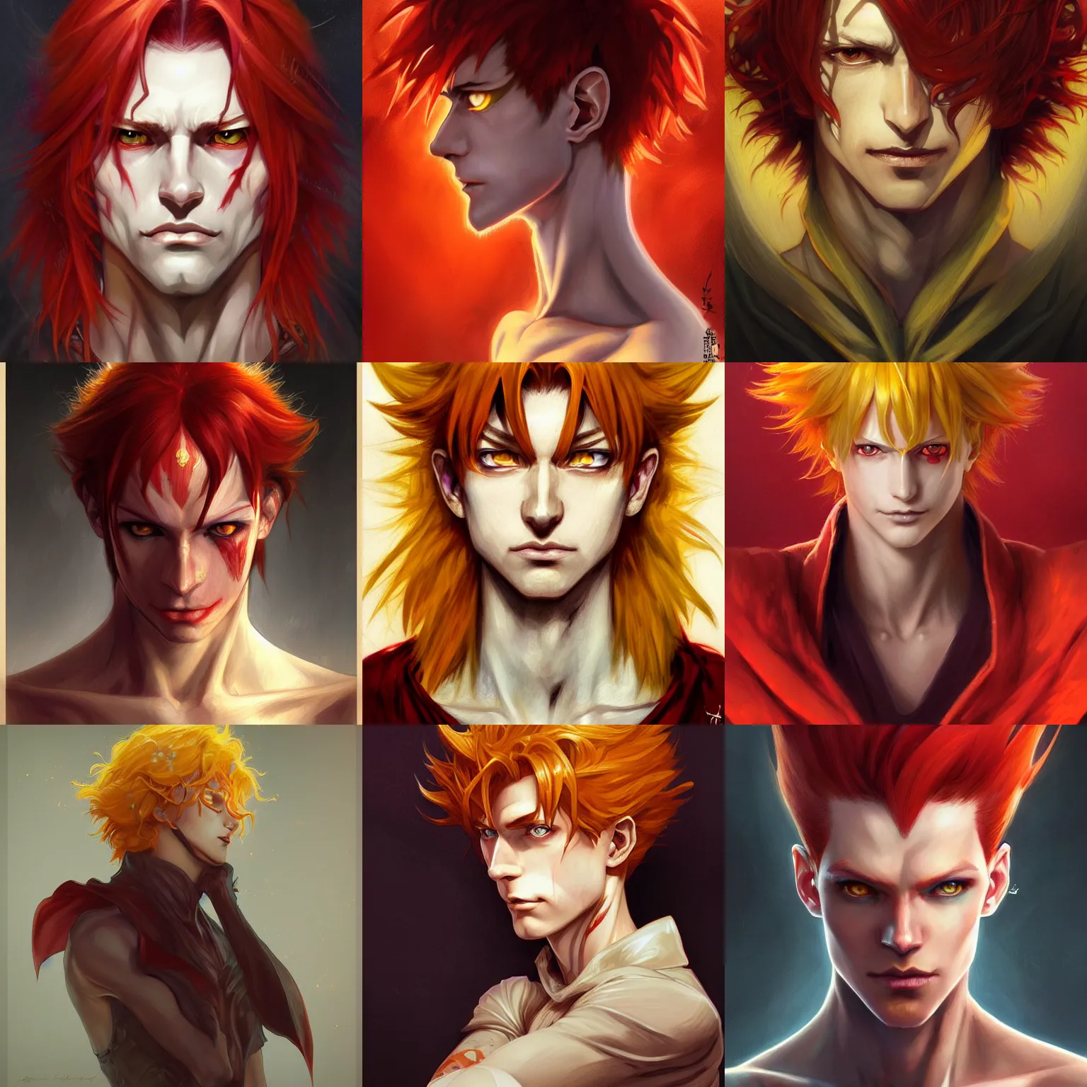 Image similar to portrait of hisoka morow hunter hunter, male, sharp jaw yellow eyes small eyes red hair crimson medium length hair, anime, fantasy, intricate, elegant, highly detailed, digital painting, artstation, concept art, matte, sharp focus, illustration, art by artgerm and greg rutkowski and alphonse mucha