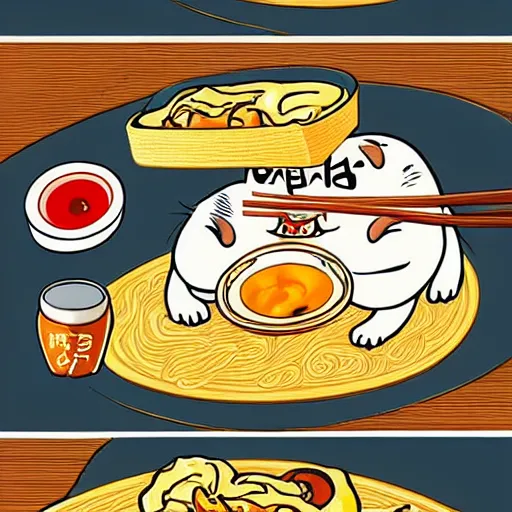 Image similar to fat cat eating ramen noodles on toast, japanese art artstation trending