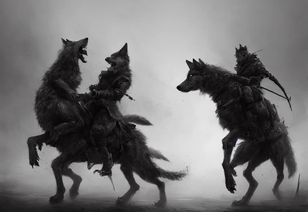 Image similar to a wolf fighting a victorian man, artstation, jakub rozalski, high detail, dramatic lighting, night, fog