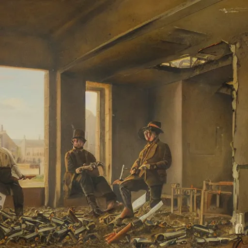 Prompt: Beautiful painting of Irish rebels smoking cigarettes inside a ruined building, General Post Office in Dublin, 4K