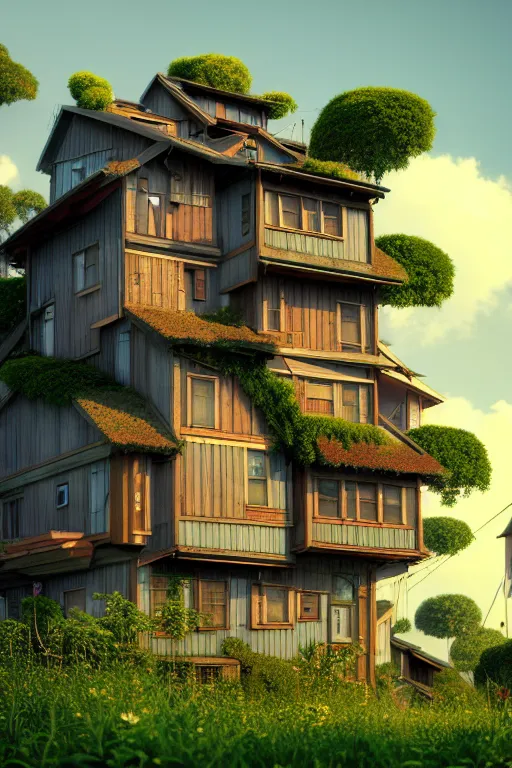 Image similar to stacked houses, solarpunk, studio ghibli, jean - baptiste monge, octane render, 4 k