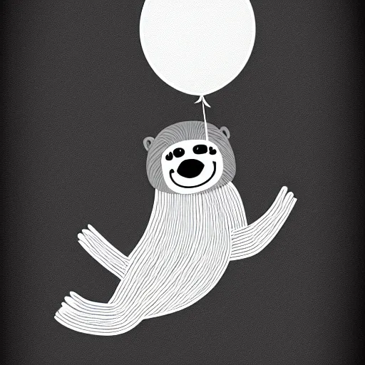 Image similar to book illustration of a sloth holding balloons, book illustration, monochromatic, white background, black and white image