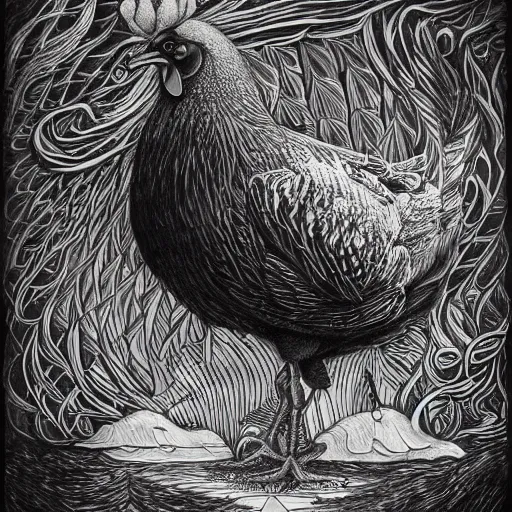 Prompt: dark portrait of a majestic fat!!! black rooster, ultra-detailed pen and ink illustration, vibrant colour, cannabis!!!!, matte painting, modern concept art, 8k, impossible fine lines and details, divine background, by John Kenn Mortensen