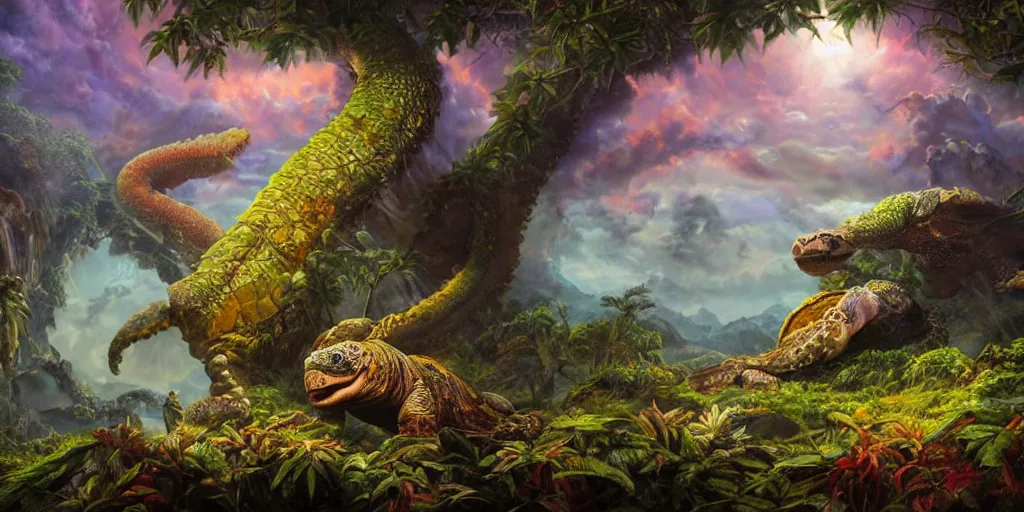 Image similar to fantasy oil painting, great leviathan, turtle cephalopod terrapin reptilian pachyderm amphibian hybrid, rainforest mountains, lush plants flowers, epic natural light, bright clouds, luminous sky, outer worlds, bright cinematic lighting, michael cheval, michael whelan, vray, 8 k hd