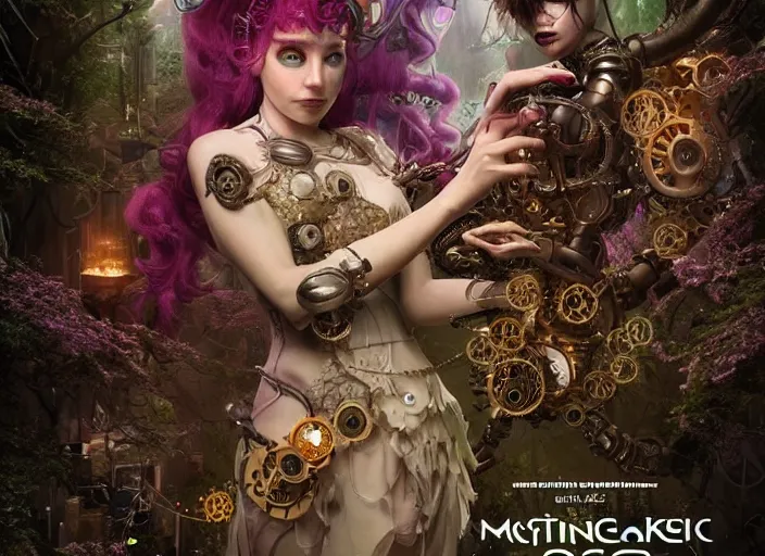 Image similar to intricate mechanical fairy with visible gears having tea with a cyborg gorgon medusa in a magical forest. Very detailed 8k. Fantasy cyberpunk horror. Sharp. Cinematic post-processing