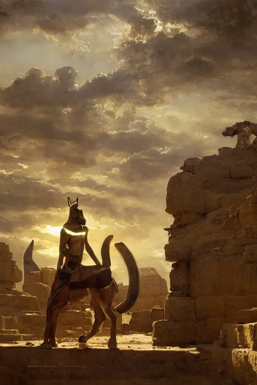 Image similar to beautiful landscape oil matte painting, of ancient egypt giant satue of anubis, art by anders zorn, wonderful masterpiece by greg rutkowski, beautiful cinematic light, thomas lawrence, greg rutkowski