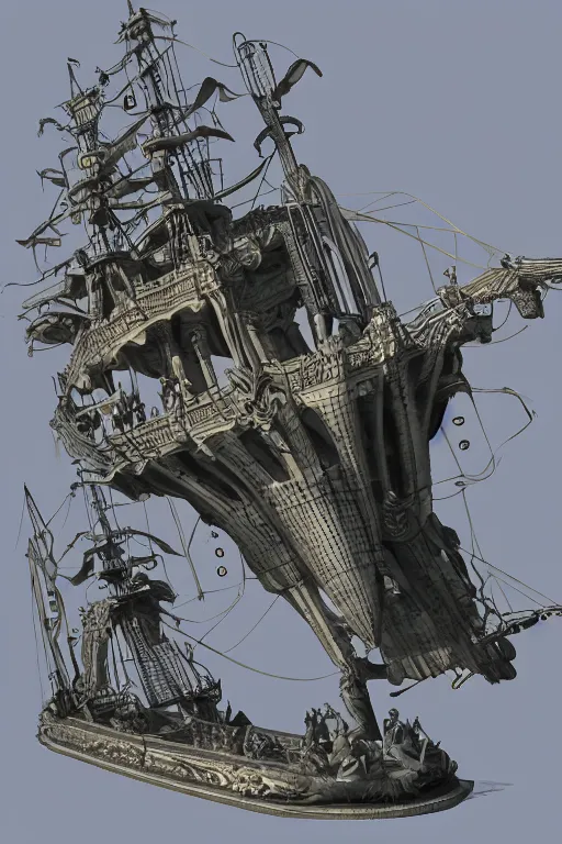 Image similar to a umberto brunelleschi and tsukioka yoshitoshi 3 d render of enormous robotic hands grabbing a pirate ship in the middle of the ocean, 1 9 9 8 render