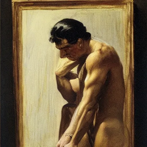 Image similar to a man looking at a mirror depressed, frank frazetta