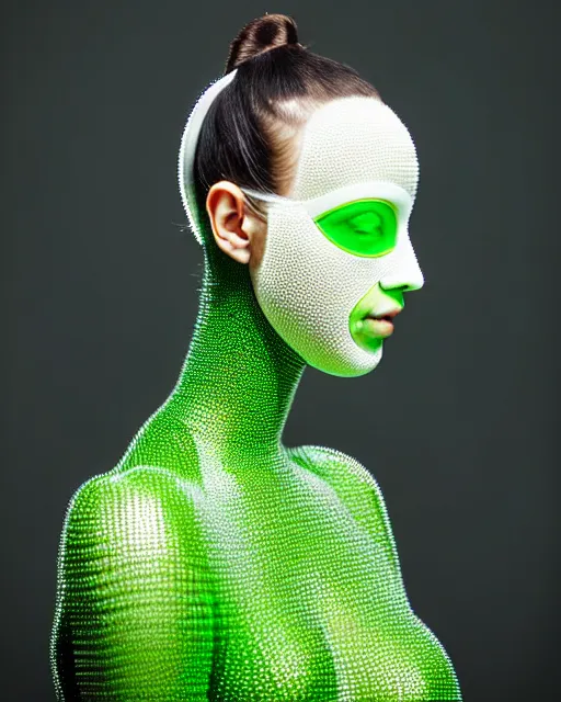 Prompt: symmetrical portrait of a woman wearing a green embroidered translucent silicone mask and white frizzy hair buns, wearing a black bodysuit by alexander mcqueen, cream white background, soft diffused light, biotechnology, humanoide robot, futuristic aesthetic, translucent, ethereal, intricate details, highly detailed, masterpiece,